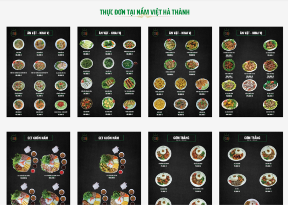 Menu của quán Nấm Việt Hà Thành