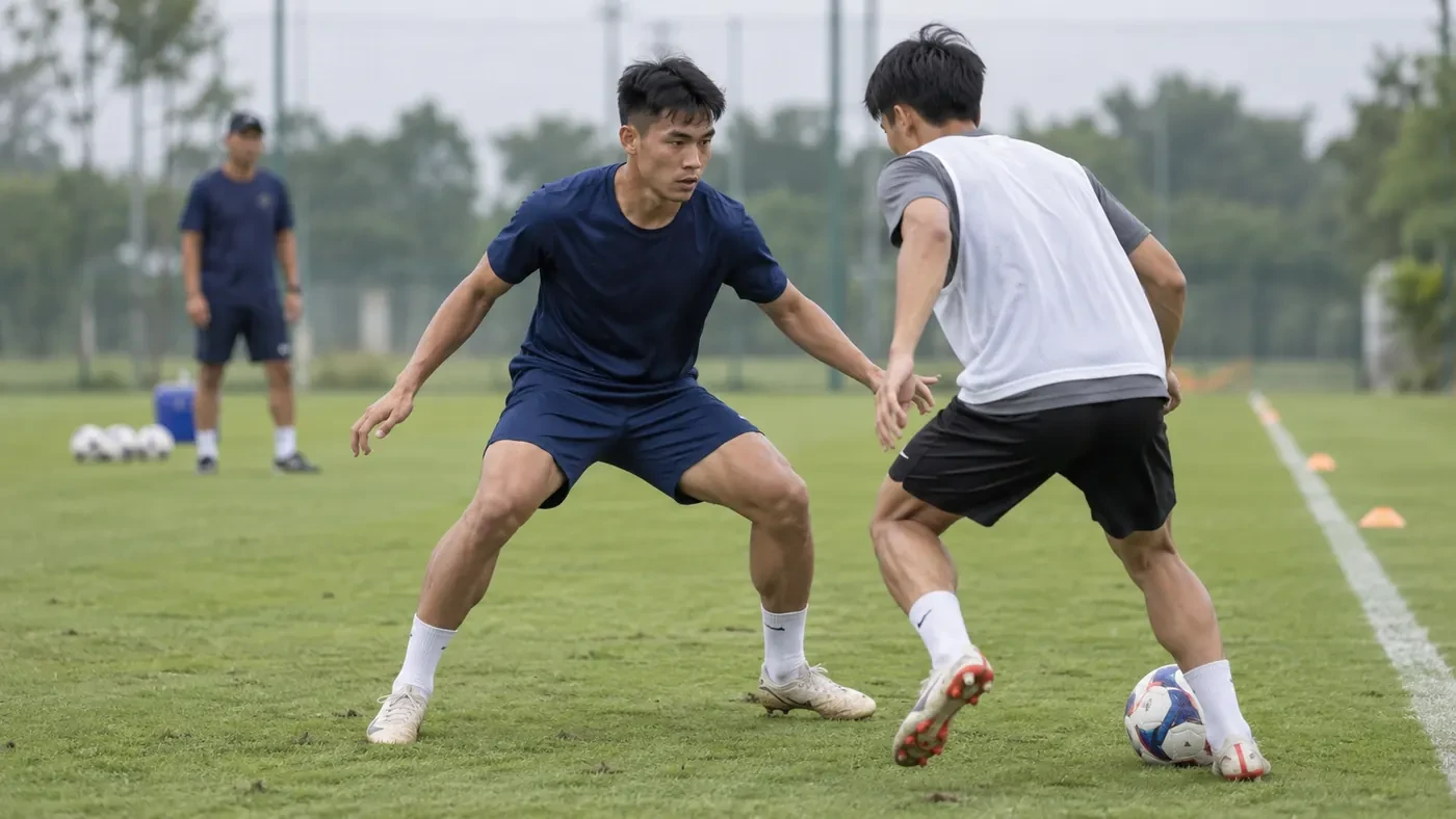 Nhân vật minh họa: hậu vệ giữ tư thế để ép đối thủ ra đường biên