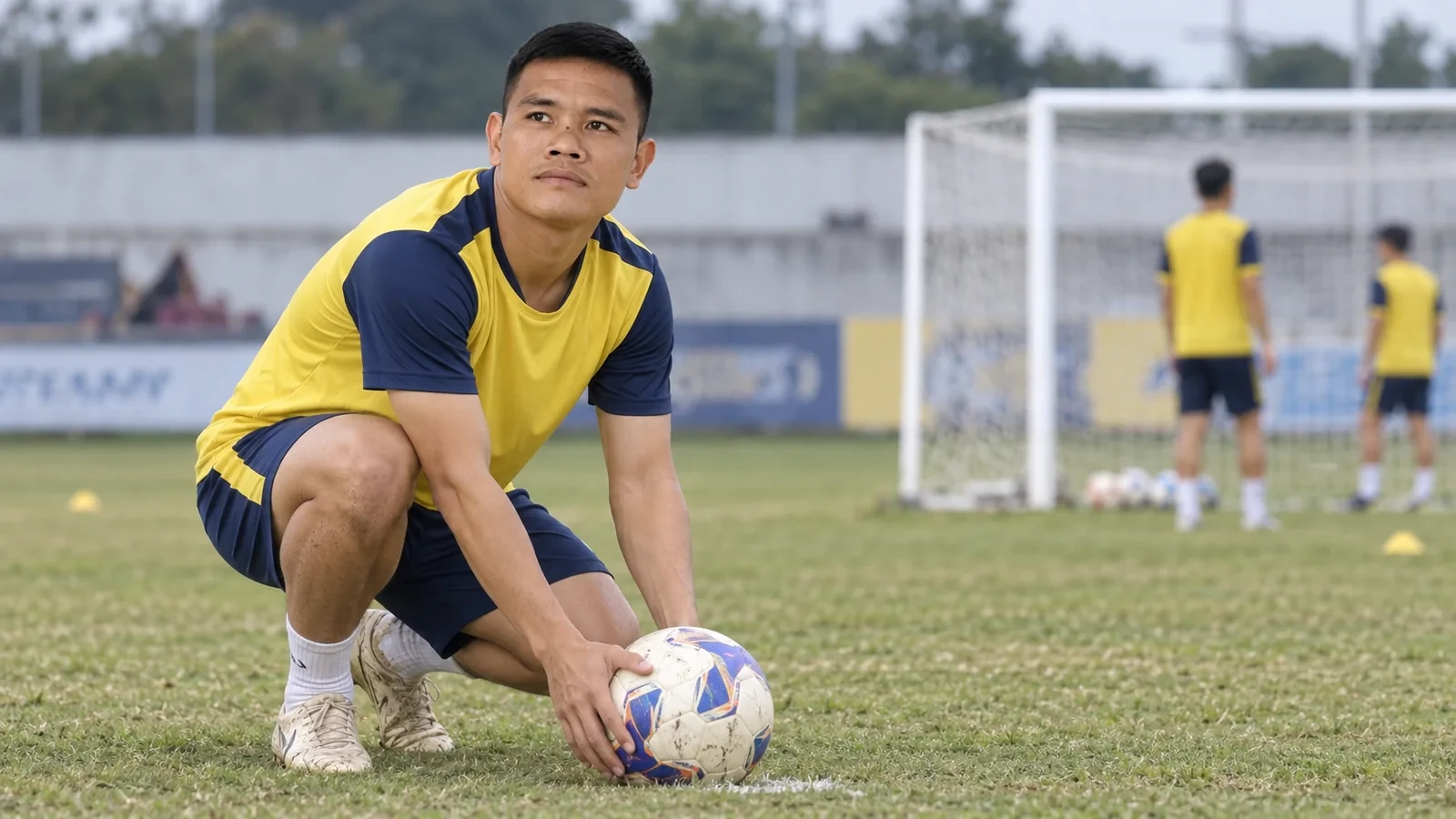 Ảnh minh họa Lê Văn Thắng chuẩn bị tình huống cố định trong buổi tập Thanh Hóa