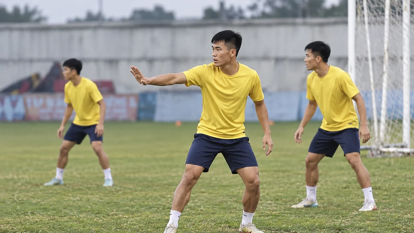 Nhân vật minh họa phối hợp giữ cự ly hàng phòng ngự trong bối cảnh Thanh Hóa