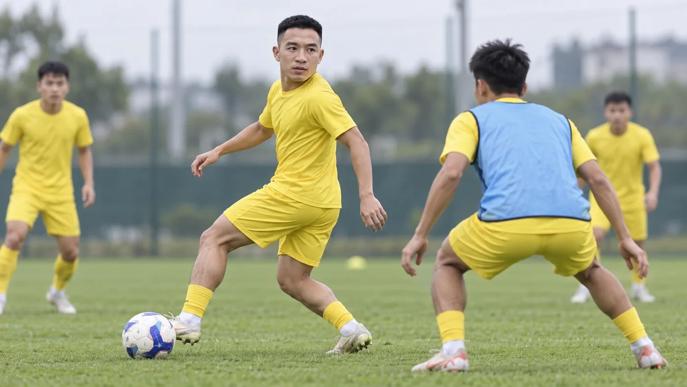 Nhân vật minh họa: cầu thủ luyện quan sát và nhận bóng ở tư thế nửa xoay