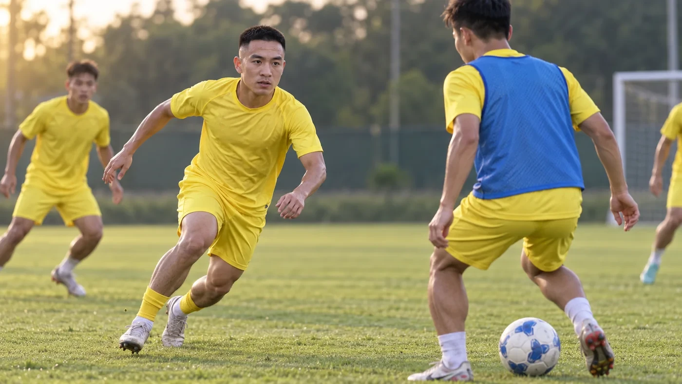 Nhân vật minh họa: cầu thủ thực hiện đường chạy phản pressing trong buổi tập