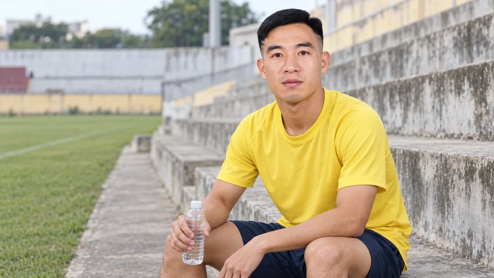 Ảnh minh họa Nguyễn Bá Tiến ngồi nghỉ giữa buổi tập trong bối cảnh Thanh Hóa