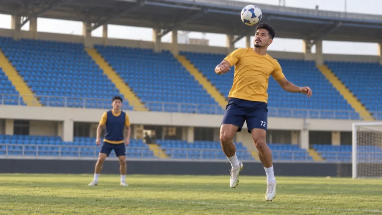 Romulo Da Silva Machado thực hiện pha đánh đầu kiểm soát trong buổi tập Nam Định