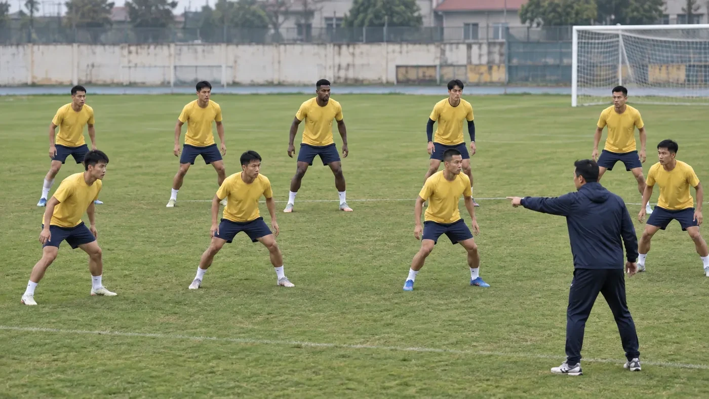 Ảnh minh họa: Các cầu thủ Thanh Hóa tập khối phòng ngự với cự ly chặt chẽ
