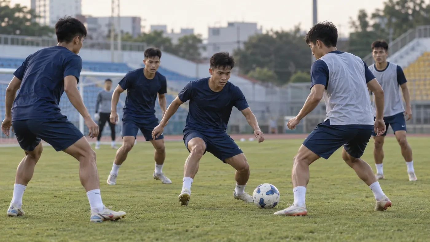 Nhân vật minh họa: nhóm tiền vệ phản pressing và tranh chấp bóng hai trong bài tập