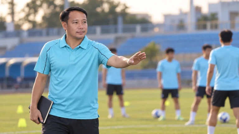 Vũ Hồng Việt quan sát và hướng dẫn trên sân tập trong bối cảnh Thiên Trường